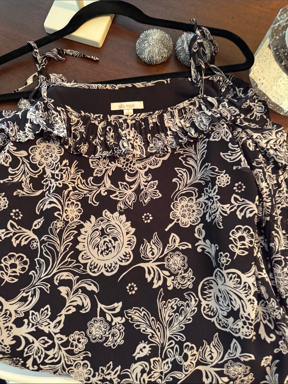 Ella Moss Black and White Floral Ruffle Tie-Shoulder Camisole
